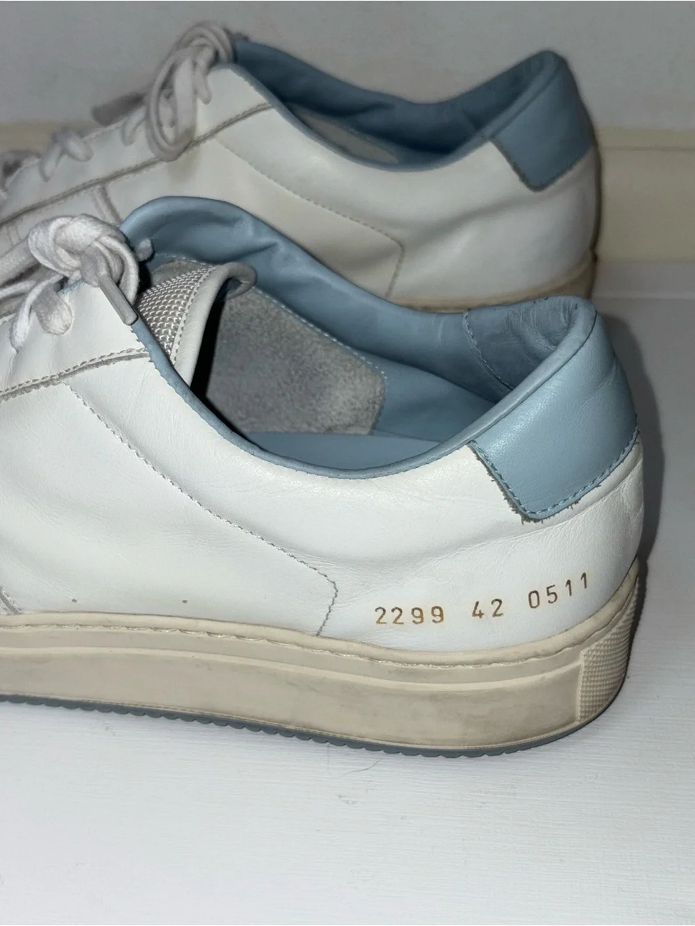 Common Projects White Sneakers with Light Blue Heel and Lining